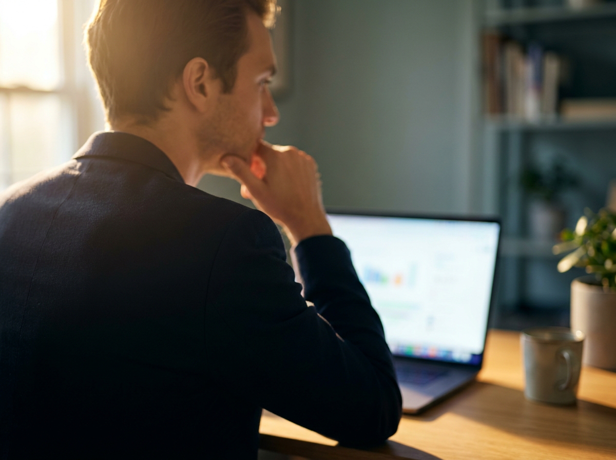 A business owner at a laptop, weighing the next move.