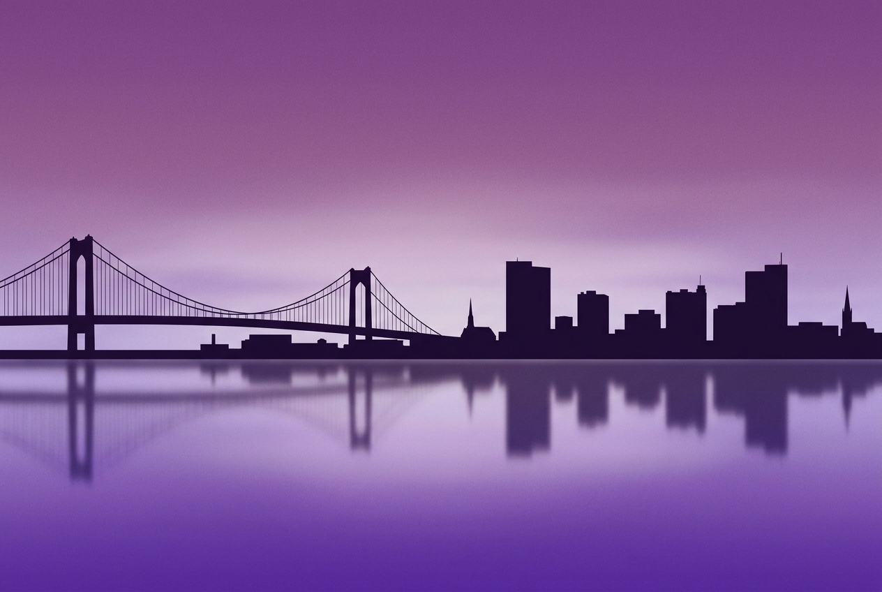 Stylized violet illustration of the Toledo, Ohio skyline and high-level bridge at dusk.