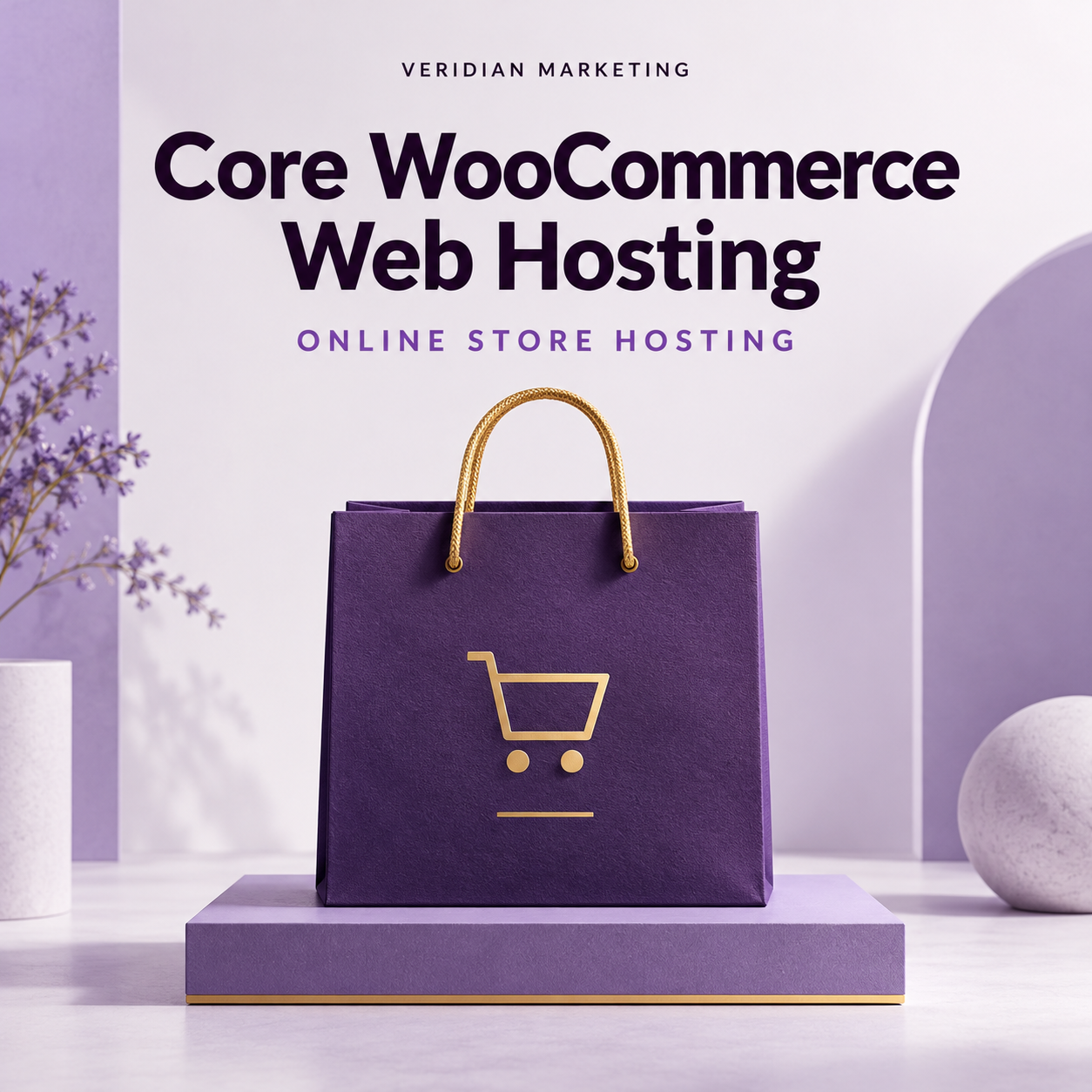 Core WooCommerce Web Hosting: purple shopping bag with a gold handle.