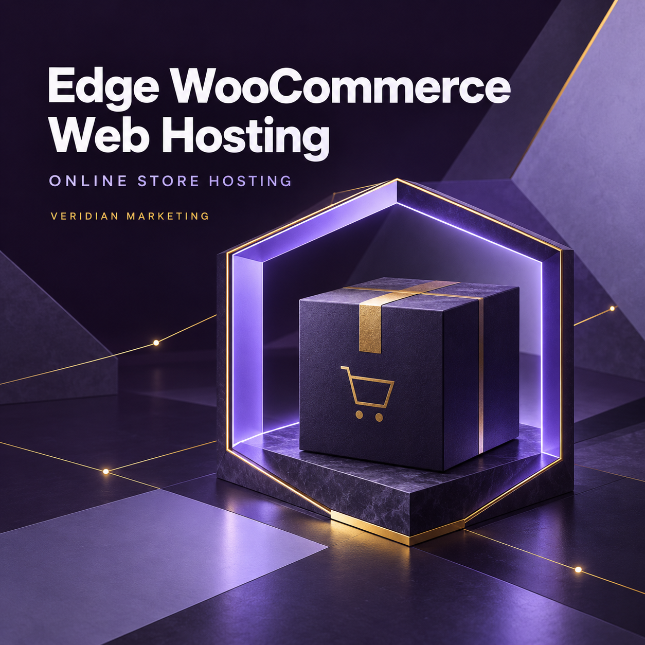 Edge WooCommerce Web Hosting: purple commerce parcel inside a geometric frame.