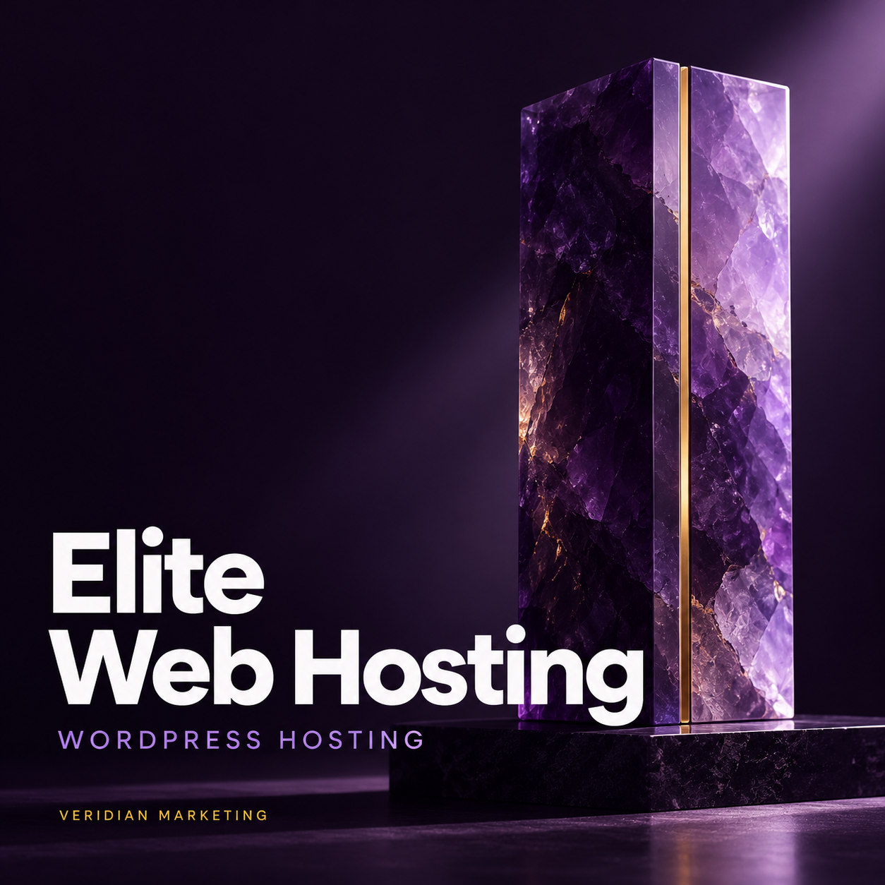 Elite Web Hosting: tall amethyst form with a gold edge on deep purple.