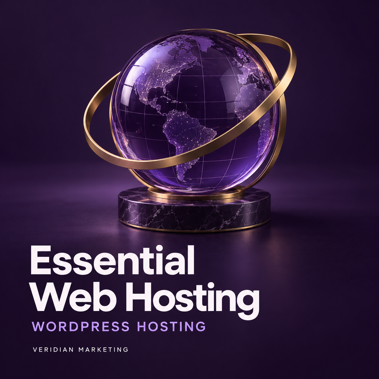 Essential Web Hosting: purple glass globe with gold orbital bands.