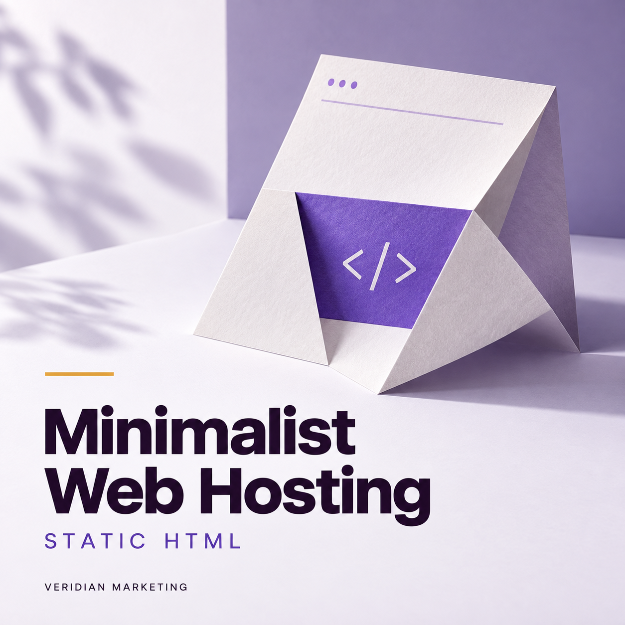 Minimalist Web Hosting: folded paper with a purple HTML code symbol.