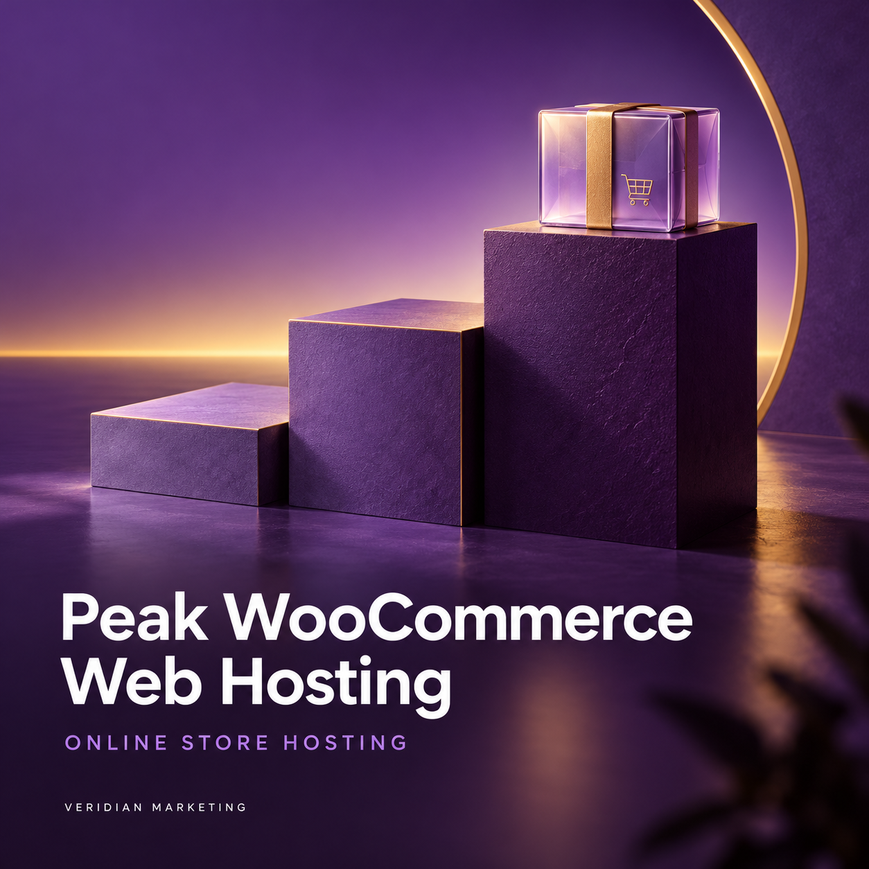 Peak WooCommerce Web Hosting: ascending purple display steps with a commerce parcel.