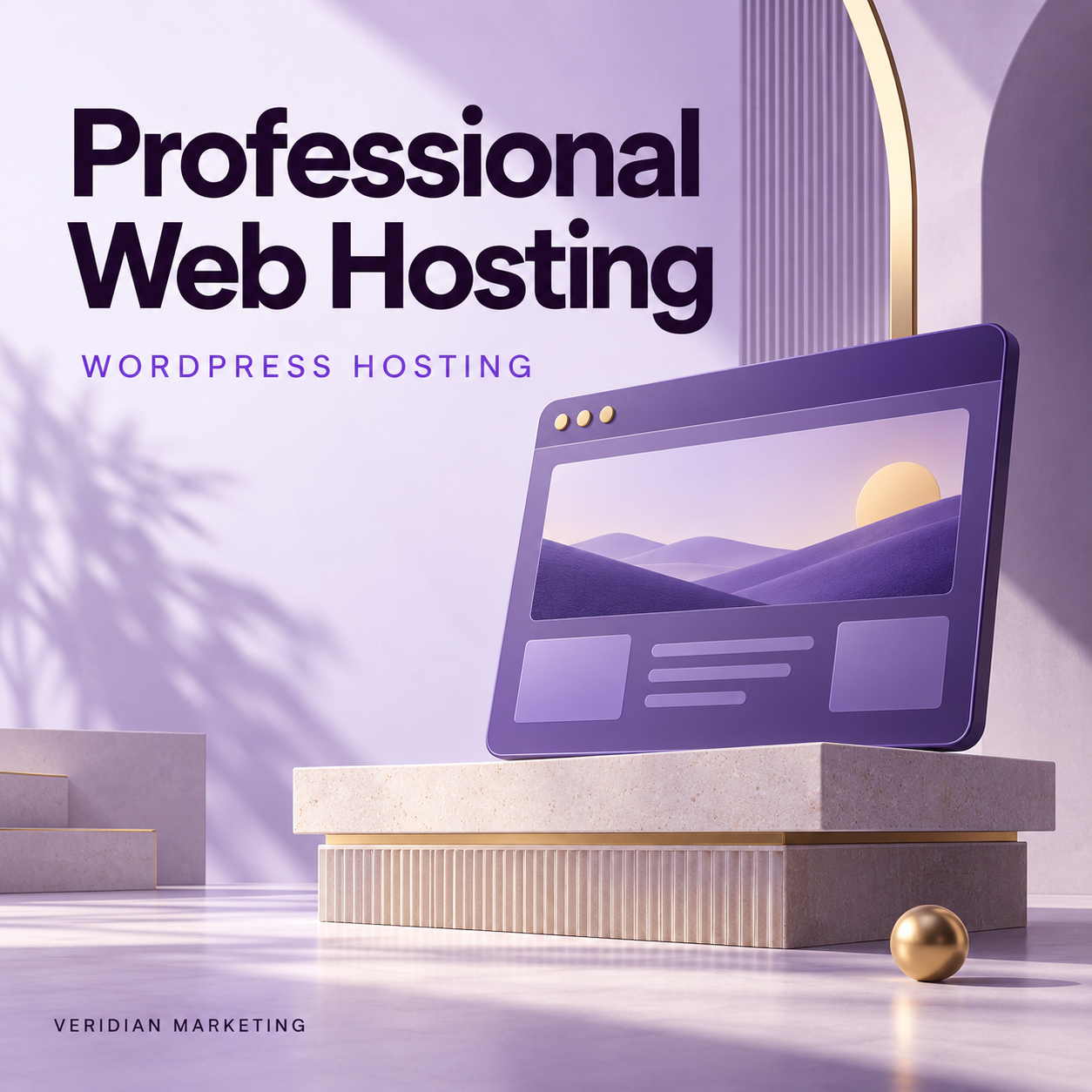 Professional Web Hosting: dimensional purple browser workspace on a light platform.