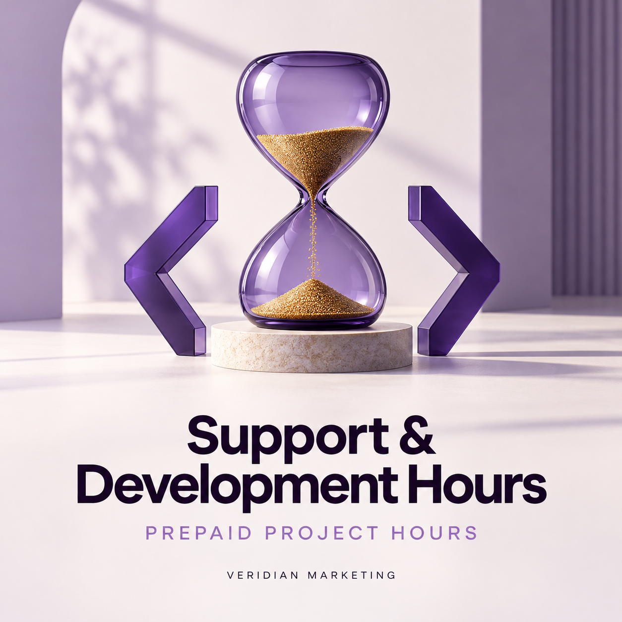 Support & Development Hours: purple glass hourglass with gold sand and code brackets.