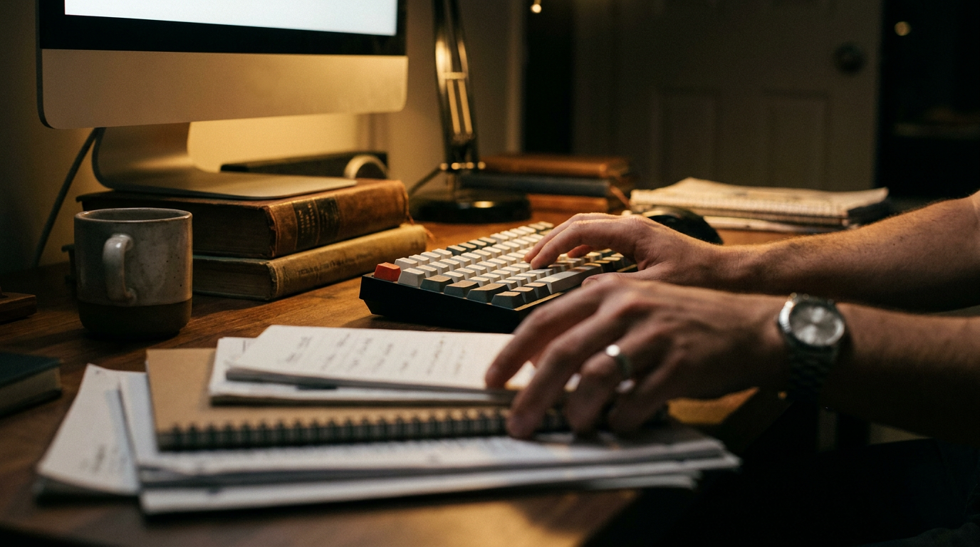 Hands organizing reports beside a glowing screen in the evening.