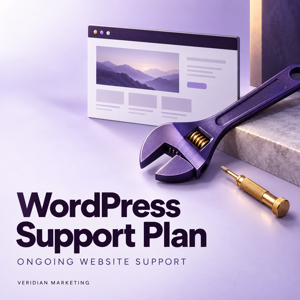 WordPress Support Plan: purple maintenance tools and a browser panel.
